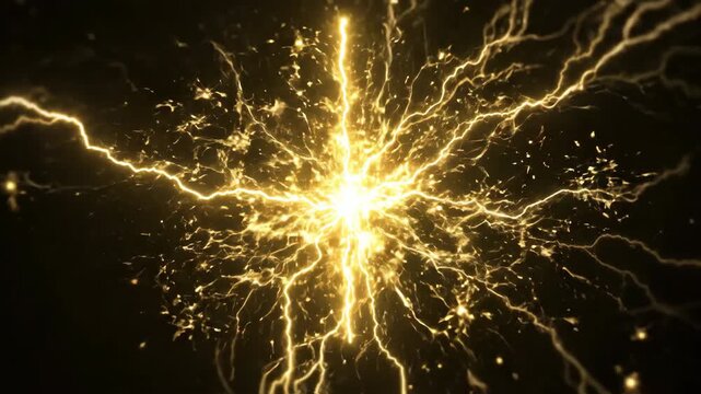 Abstract yellow lightning bolts flashing and flickering across a deep black minimalist background with electric energy and vibrant motion