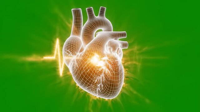 Anatomical human heart wireframe model pulsating with a glowing golden light effect, set against a green screen background for easy chroma key editing in medical and healthcare video projects.