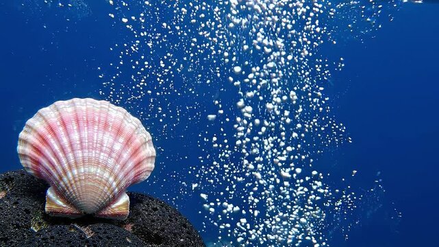 Close-Up Shimmering Marine Jewel with a Pink Scallop Shell Surrounded by Rising Silver Air Bubbles