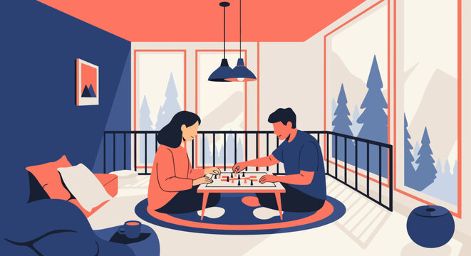 Couple playing board game in cozy winter cabin living room