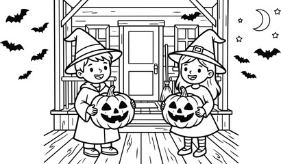 Fototapeta premium Halloween scene with two children in witch hats holding jack o lanterns on a porch