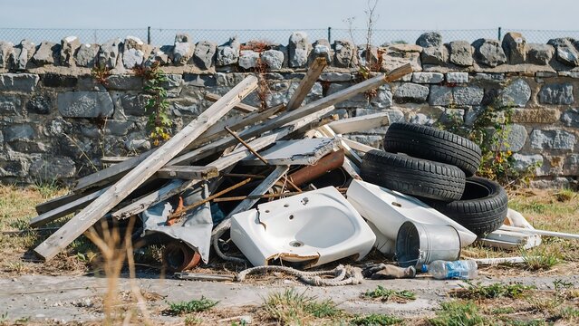 Large pile of household garbage and construction waste in a landfill
