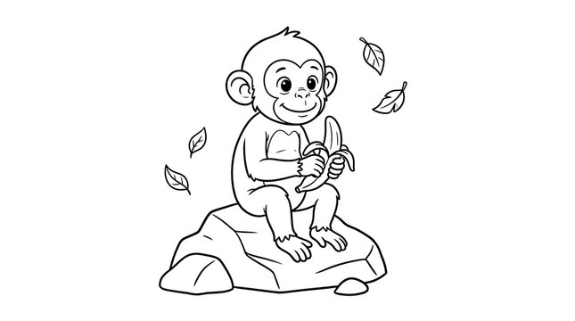 Cute cartoon monkey sitting on a rock and eating a tasty yellow banana