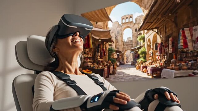 Woman in VR headset explores virtual marketplace with haptic suit