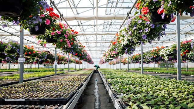 Rows of colorful flowers hanging in a large modern glass greenhouse