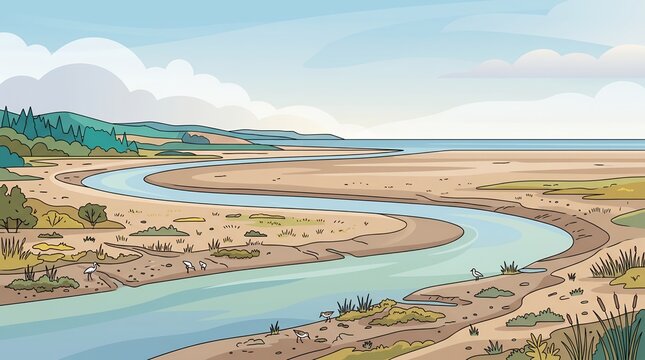 Illustrative Landscape of a Meandering River Estuary Meeting the Sea with Shorebirds and Grassy Banks under a Cloudy Sky.