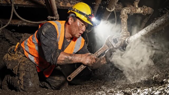 Industrial plumber repairs leaking pipe in dark underground utility tunnel.