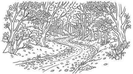 Obraz premium A detailed black and white line art illustration of a winding forest path.