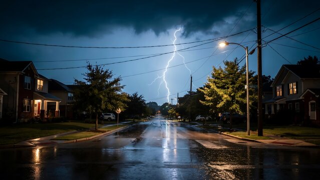 Bright lightning strike over a dark quiet street during a rain storm