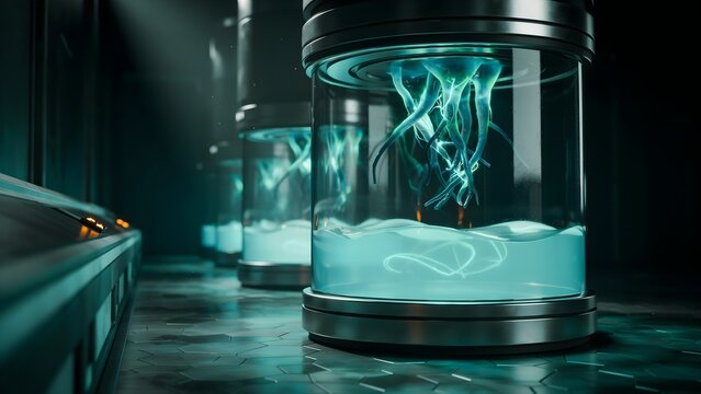 Cellular regeneration chamber with glowing biological growth