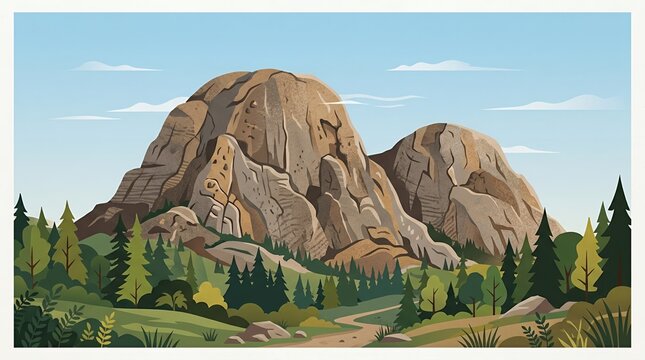 Stylized Nature Illustration Featuring Massive Rocky Mountains Surrounded by Pine Forest and a Winding Dirt Road