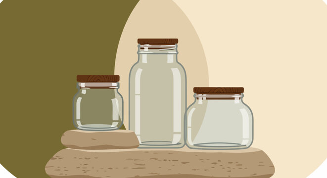 Three empty glass jars with wooden lids arranged on a rustic wooden shelf