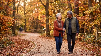 Obraz premium Senior Interracial Couple Walking in Autumn Park