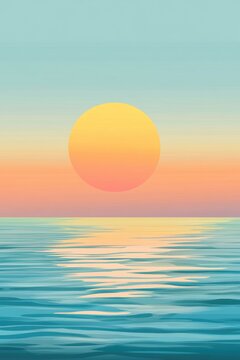A large, yellow sun sets over a calm, blue ocean water