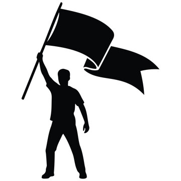 Triumphant person raising flag vector silhouette illustration depicting freedom and power.