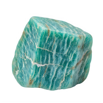 Rough amazonite gemstone mineral specimen on transparent background with mineral visible striations