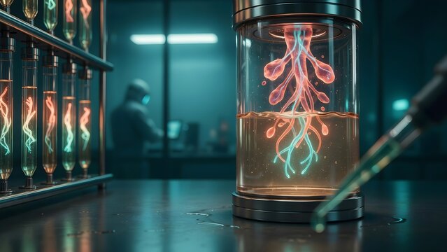 Cellular regeneration chamber with glowing biological growth