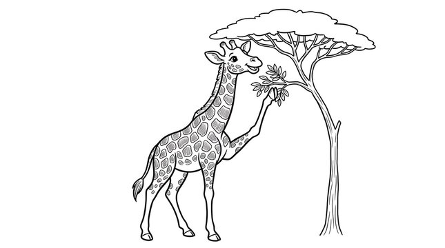 Cute giraffe eating leaves from a tall acacia tree in a simple black and white line art drawing