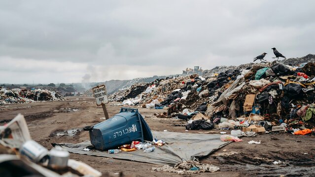 Large pile of garbage and trash at a landfill site with birds
