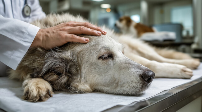 Veterinarian gently comforting a senior dog resting on an examination table inside a veterinary clinic.