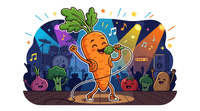Happy Carrot Singing on Stage with Vegetables Band at Concert