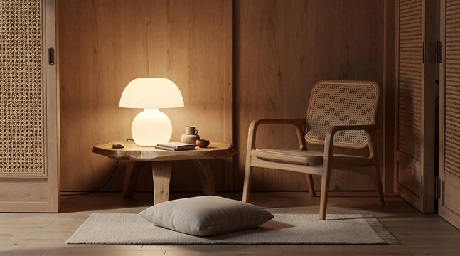 Cozy Scandinavian Living Room Corner with Mushroom Lamp and Chair.