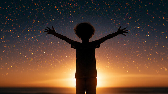 Happy young child stands with arms open wide beneath a sparkling twilight sky while golden sun rays shine against the horizon during a peaceful moment of wonder