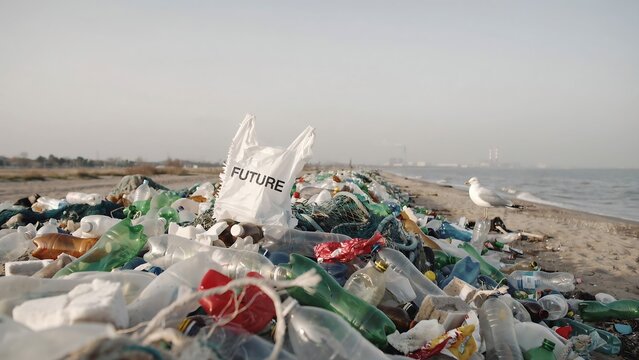 Plastic bag with future text lying on a pile of trash in a landfill