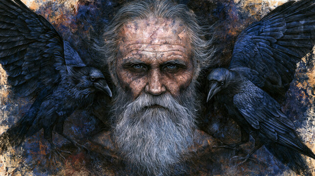 Ancient Nordic god Odin stares ahead with mystical intensity while his loyal ravens Huginn and Muninn perch at his sides in the shadows of a timeless mythological realm
