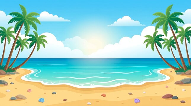 Beautiful Tropical Beach Landscape with Palm Trees Turquoise Ocean Water and Sunny Sky for Summer Vacation Background