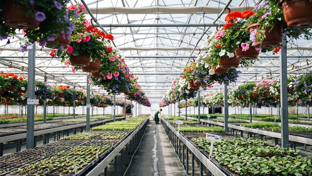 Hanging flower baskets in a commercial greenhouse nursery