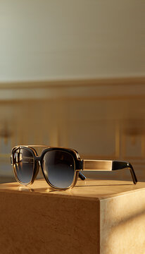 Luxury designer sunglasses displayed on a premium stone pedestal in warm golden light, elegant product showcase with modern minimalist aesthetic