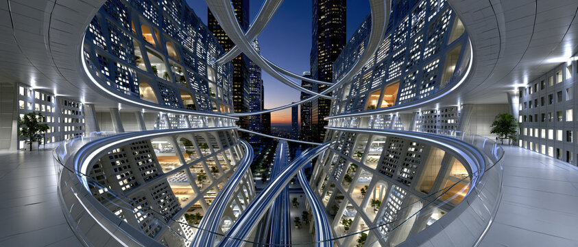 Futuristic architecture sci fi city modern skyscraper glass corridor curved walkway interior design night skyline neon light symmetrical building panoramic view Futuristic architecture sci fi city