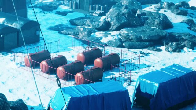 In a snowy landscape, several storage tanks are lined up in a grid. Nearby, covered equipment is set up on rocky terrain. The scene shows a location for exploration activities.