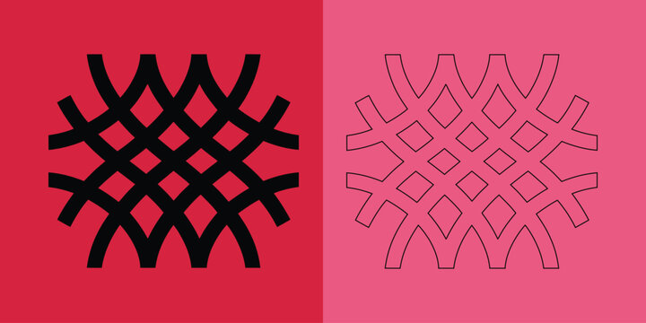 Abstract intersecting curved line grid pattern in solid black and outline style on red and pink backgrounds