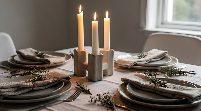 Elegant Table Setting with Lit Candles and Napkins for a Special Occasion.