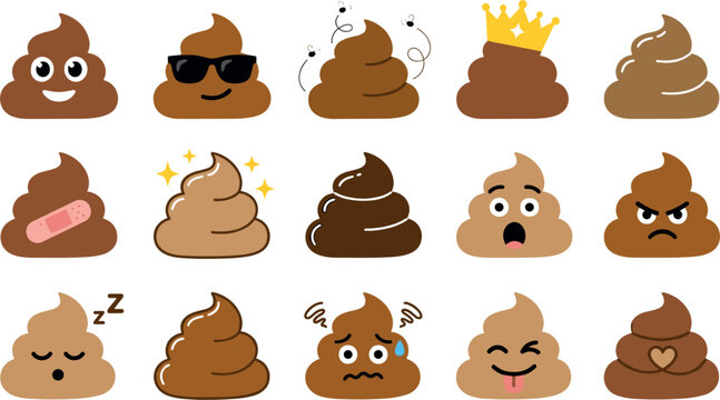 Cute Poop Emoji Vector Icon Set with Diverse Expressions and Characters Including Happy, Angry, Sad, Sleeping, Crown, Sunglasses, and Plaster Designs