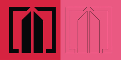 Fototapeta premium Abstract square building in solid black and outline style on red and pink backgrounds for real estate branding
