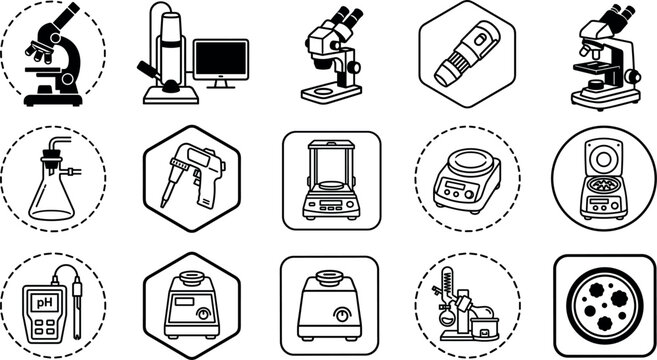 Laboratory Equipment and Scientific Research Icon Set Featuring Microscopes, Pipettes, Centrifuges, Scales, Flasks, and PH Meters for Medical and Biotech Web Designs
