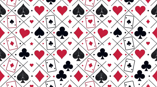 Seamless Playing Cards Suits Pattern Vector with Hearts, Diamonds, Clubs, Spades, and Geometric Grid Lines for Casino, Gambling, and Wallpaper Designs
