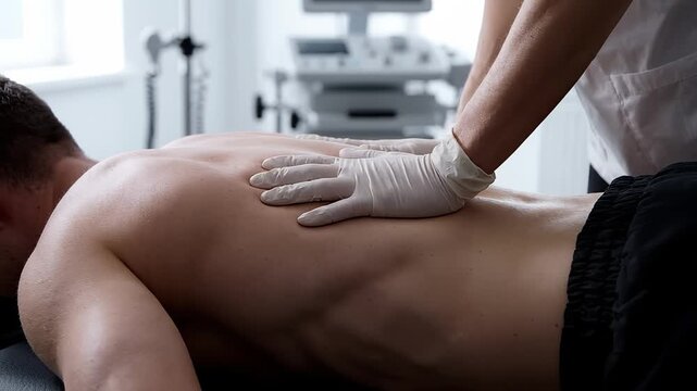 Professional physical therapist performs manual back massage, examining muscular tension on patient in clinic. Recovery process for professional athlete after intense training session in hospital.