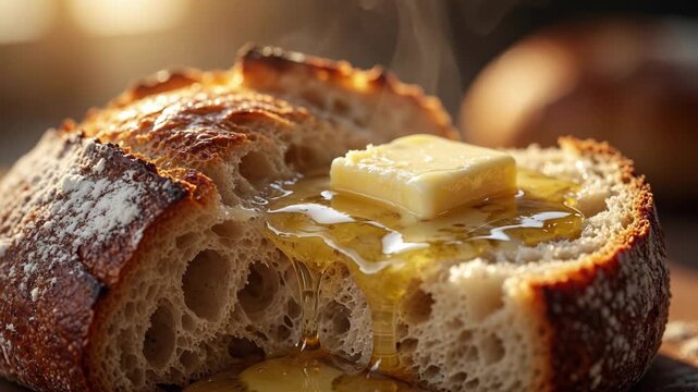 Butter melting over warm crusty bread with golden crust