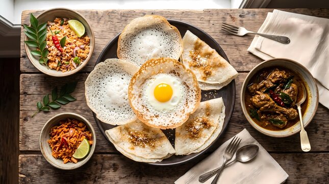 Traditional Sri Lankan Hoppers with Chicken Curry and Coconut Sambol
