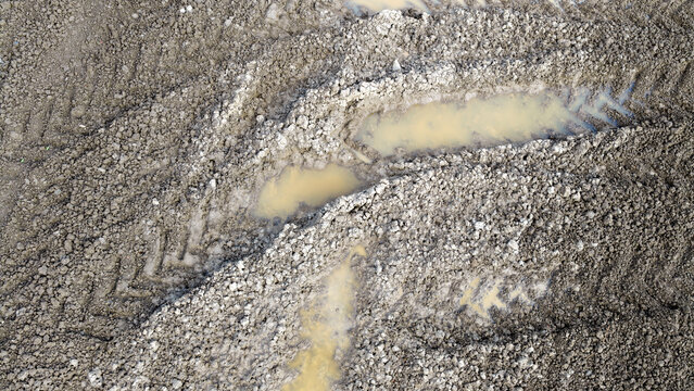 Aerial View of Deep Tire Tracks in Muddy Ground