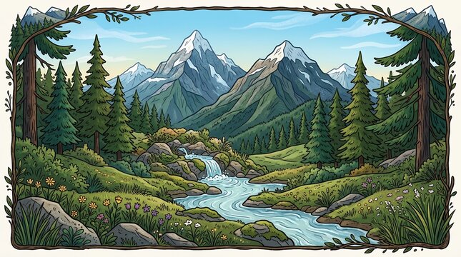 Serene mountain landscape illustration featuring snowy peaks a flowing river waterfall and lush pine forest
