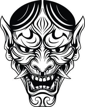 Jester Face Vector Icon with Ornate Horn Details and Wicked Grin, Monochrome Tattoo Style Emblem for Gaming Design Concept