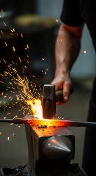 Blacksmith shaping hot metal with hammer on anvil, sparks flying, symbolizing craft, creation, and industry