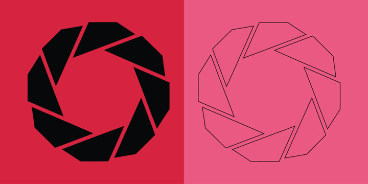Circular aperture iris shape in solid black and outline style on red and pink split color backgrounds