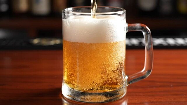 Pouring golden beer into a clear glass mug on a wooden bar in a pub or restaurant setting for a refreshing drink
