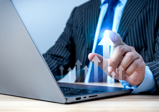 Business growth concept with executive analyzing digital performance dashboard, revenue growth, sales improvement, business strategy, financial success, data analytics and corporate performance.